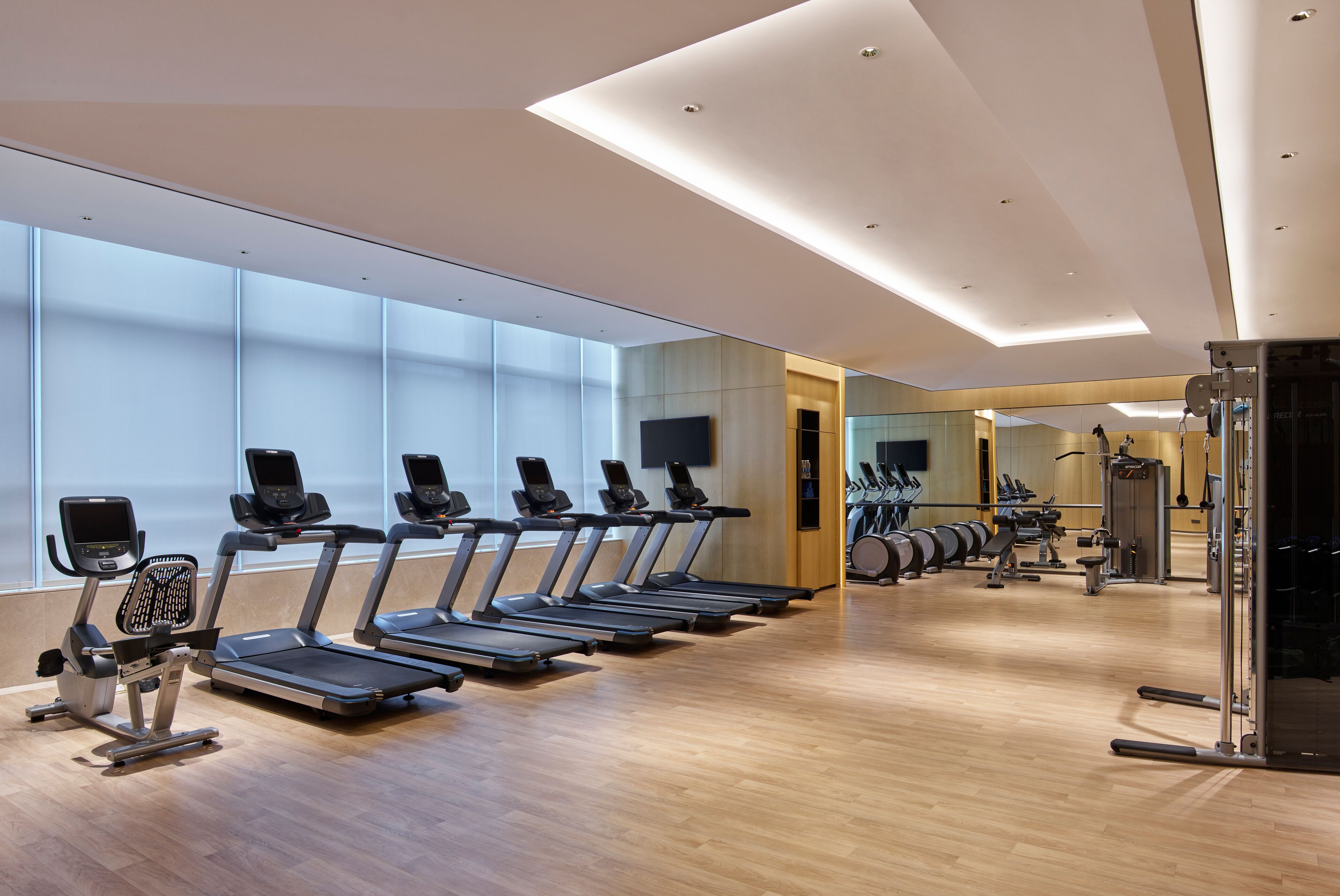 A modern gym with treadmills, stationary bikes, and weight machines.