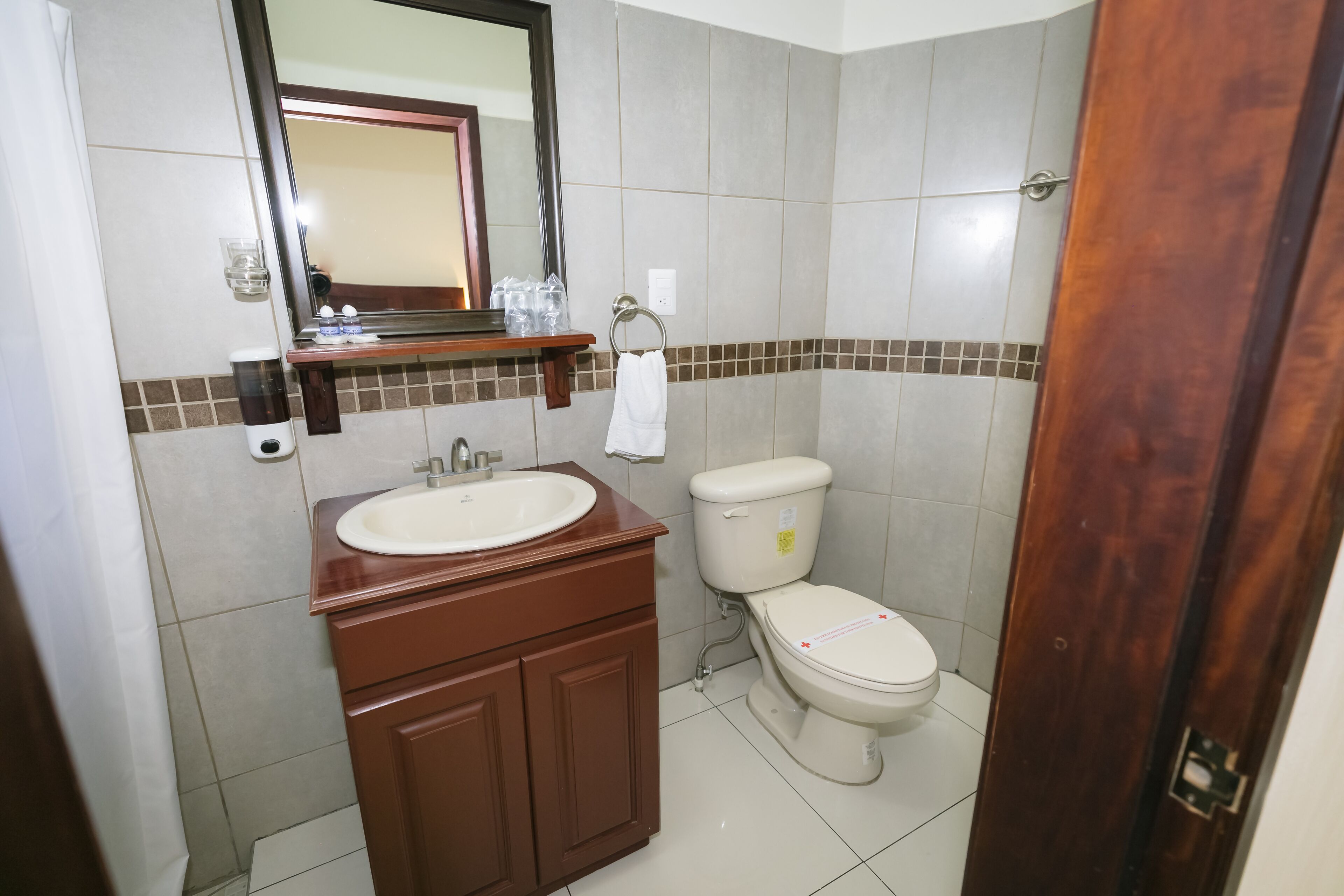 A bathroom with a sink, mirror, toilet, and a wooden door.