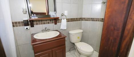 A bathroom with a sink, mirror, toilet, and a wooden door.