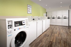 Un cuarto de lavandería con varias lavadoras y secadoras, una pared verde con carteles informativos y suelo de madera.