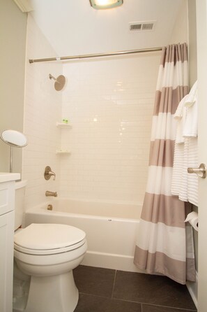 Shower, towels, soap, shampoo