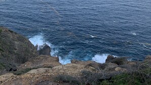 Eine Küstenlandschaft mit felsigem Gelände und dem Meer.