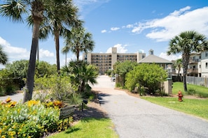 Enter a tranquil oasis with a traditional hotel entrance, surrounded by lush gardens and palm trees.