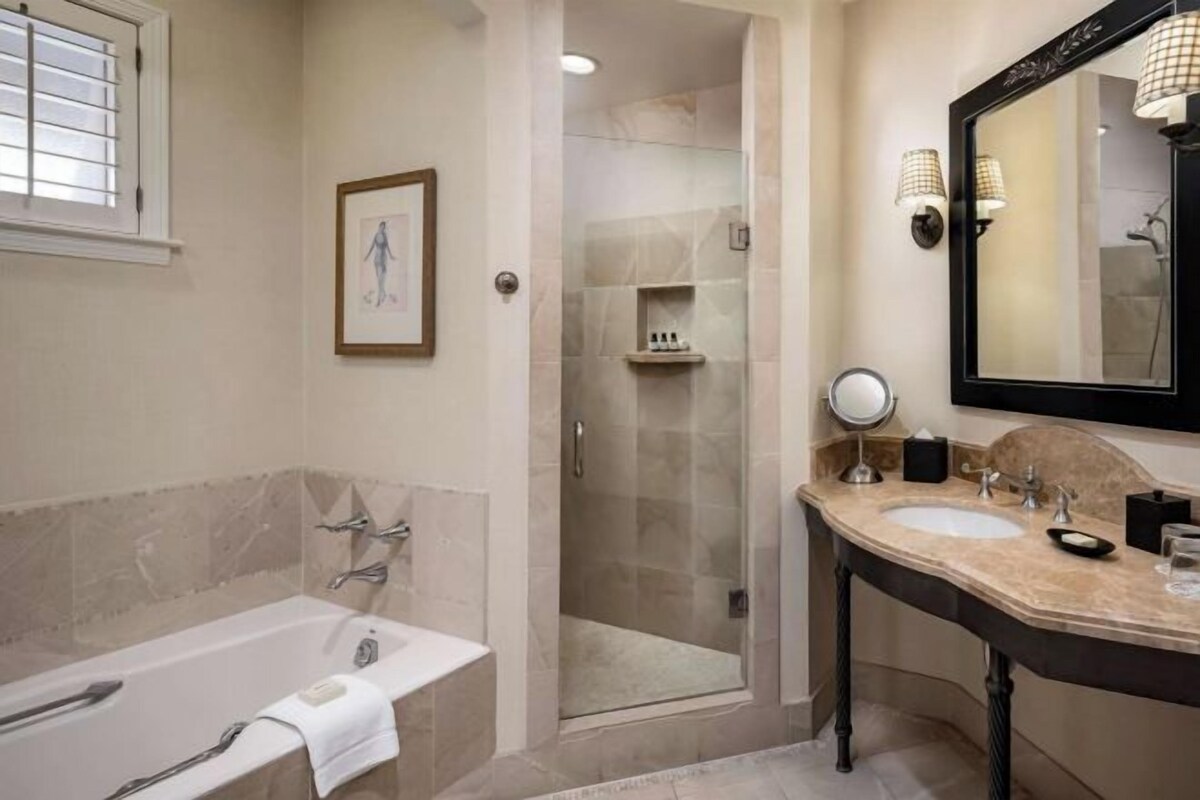 A bathroom with a bathtub, a shower, a vanity with a mirror, and a framed picture on the wall.