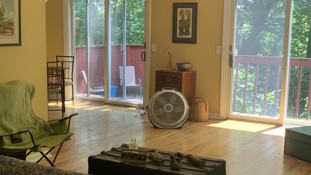 A living room with a green chair, a fan, a wooden chest, and a view of a backyard through large sliding glass doors. - Awesome house in Waterhill Neighborhood (Ann Arbor)