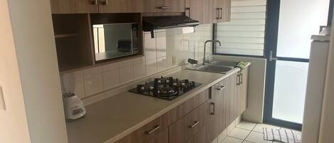 Fridge, microwave, oven, stovetop