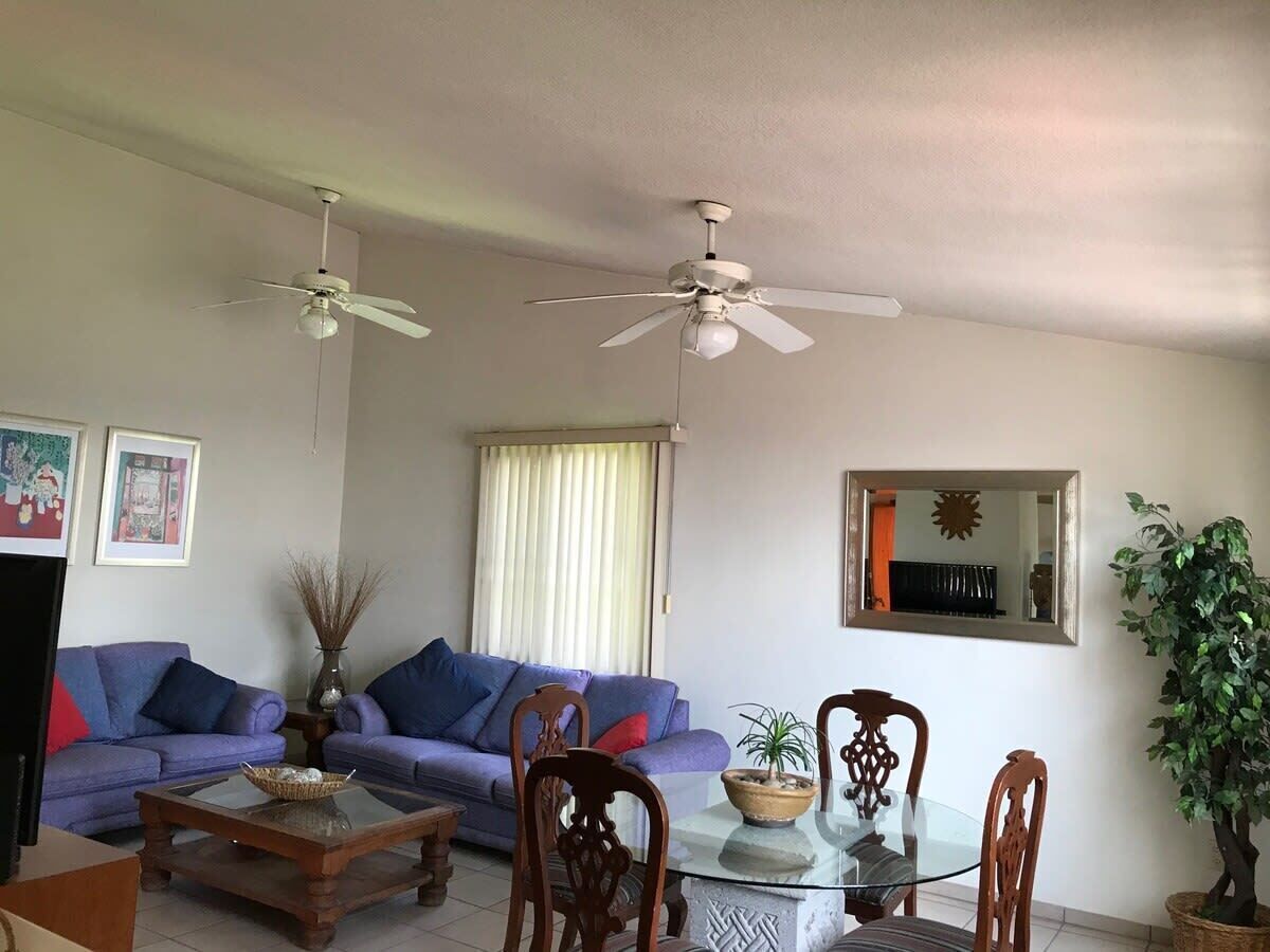 Un salon comprenant deux canapés, une table basse, une table à manger avec des chaises, deux ventilateurs de plafond, une plante en pot et un miroir au mur.