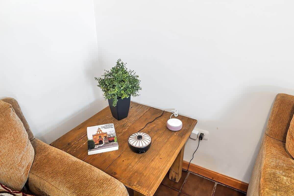 A corner of a room with a wooden table, a potted plant, a small decorative item, and a wall socket.
