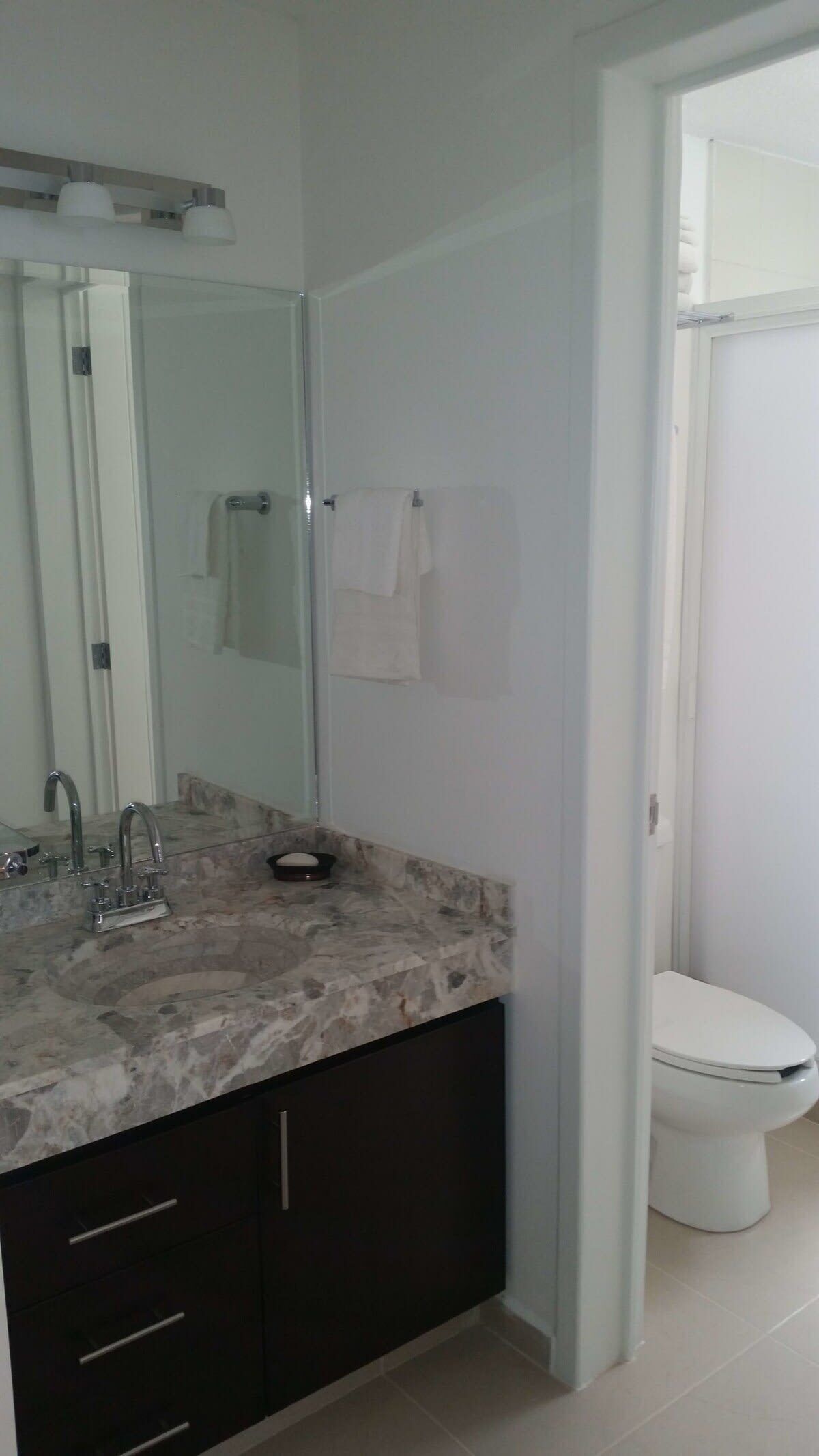 Un baño con lavamanos de mármol, muebles oscuros, inodoro blanco y cabina de ducha con paredes de cristal.