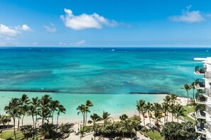 A beachfront hotel with a view of the ocean, palm trees, and a pool area.