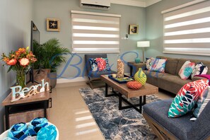 Smart TV, fireplace, books, stereo