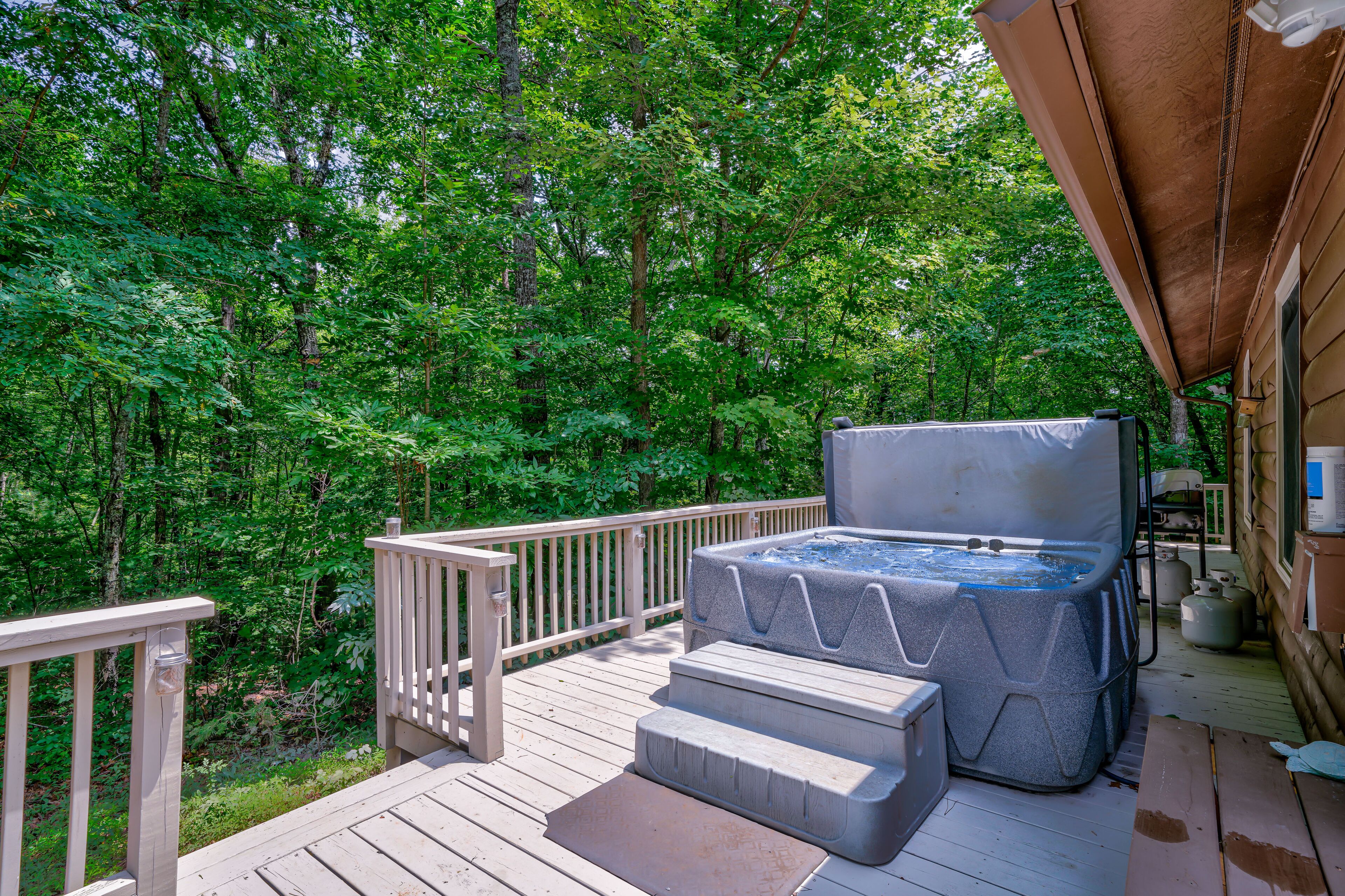 Charming dog-friendly home with mountain views, central AC, and private hot tub