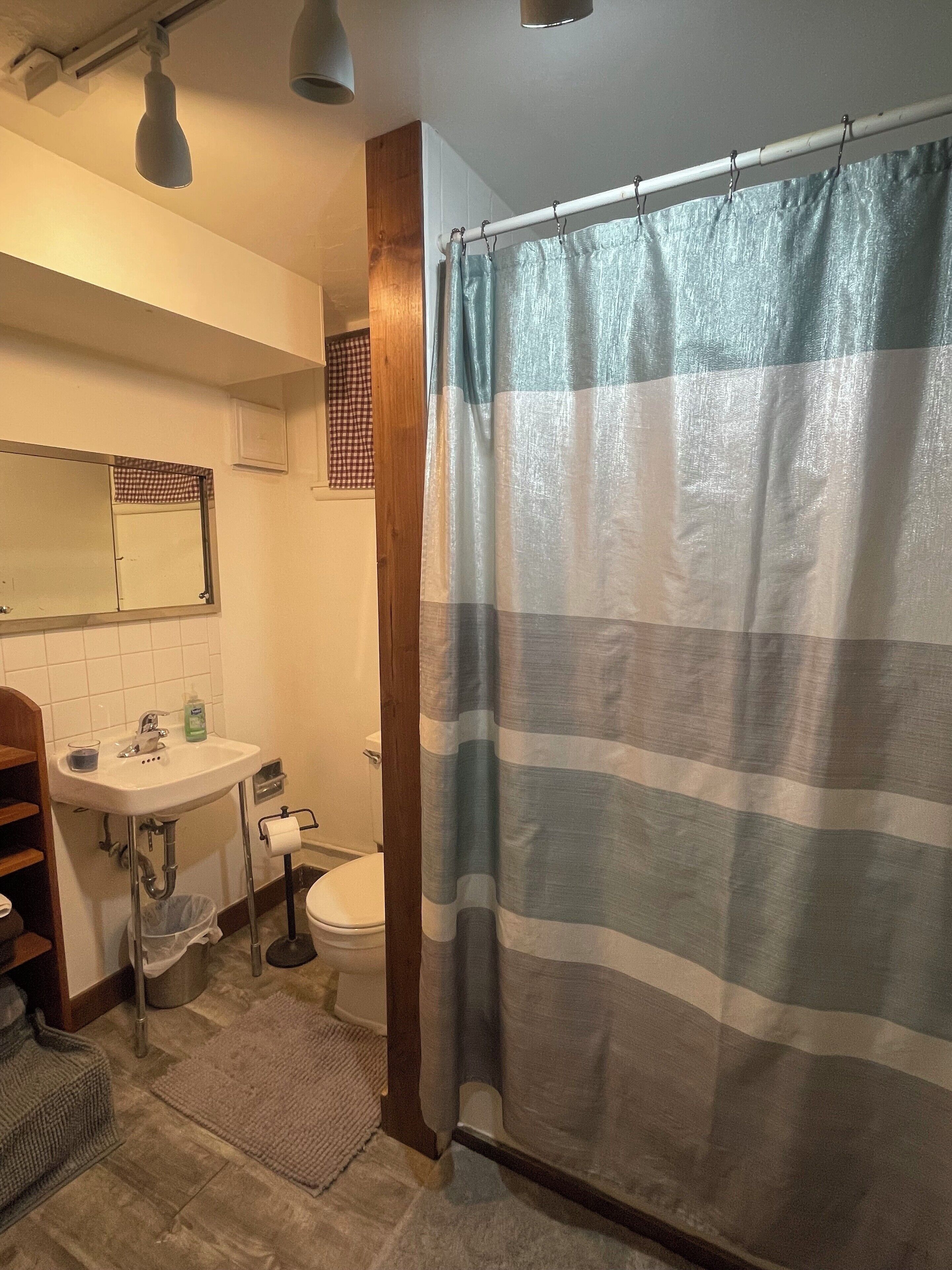 Een badkamer met een wastafel, spiegel, toilet en douchegordijn.