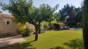 Un jardí ben cuidat amb gespa, un arbre i una zona de piscina amb gandules.