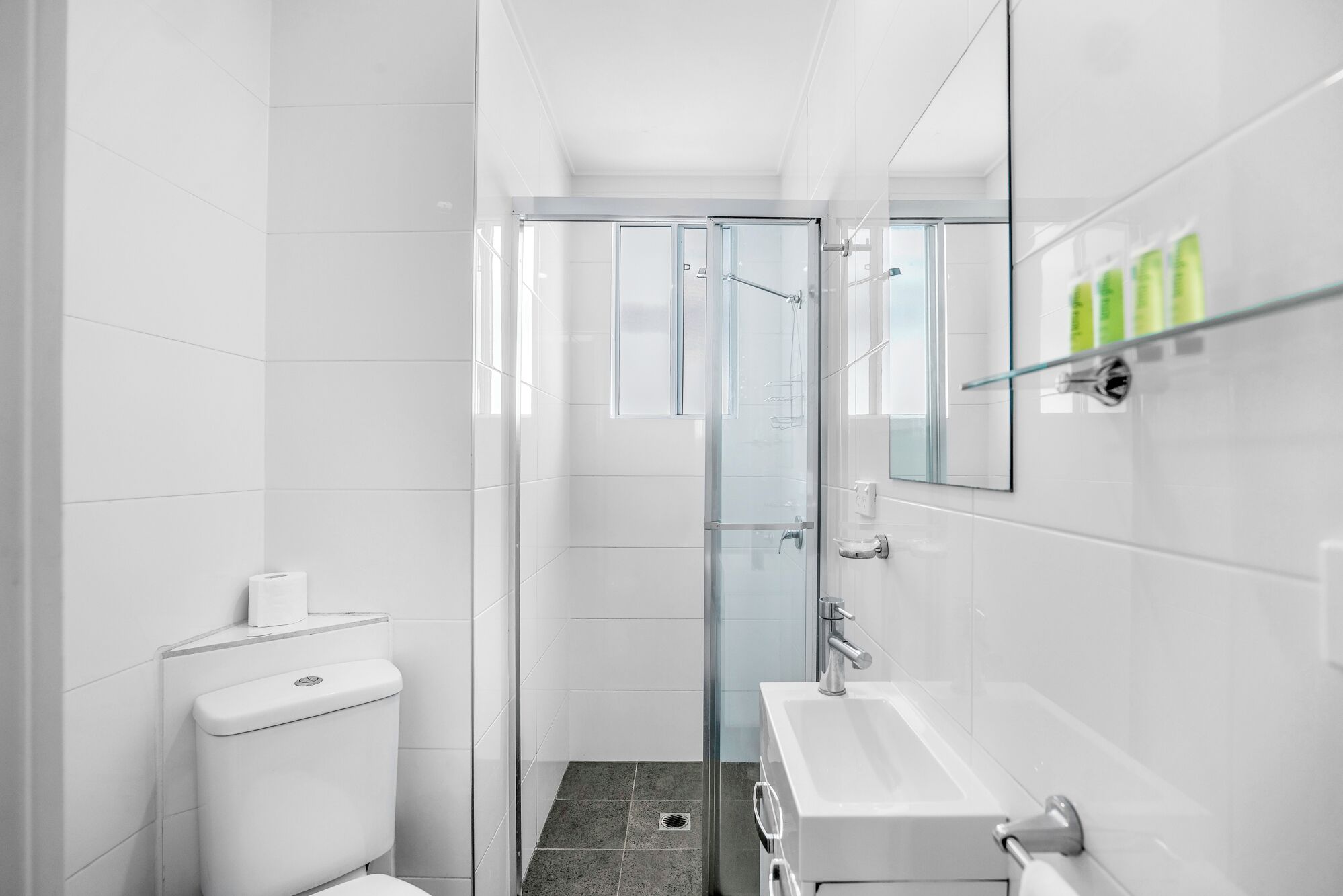 Une salle de bain moderne avec une douche à parois de verre, des toilettes blanches et un lavabo avec un miroir.
