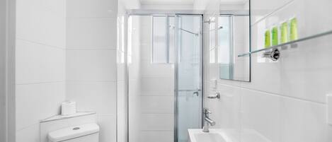 Une salle de bain moderne avec une douche à parois de verre, des toilettes blanches et un lavabo avec un miroir.