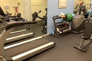 A gym with treadmills, dumbbells, and exercise balls.
