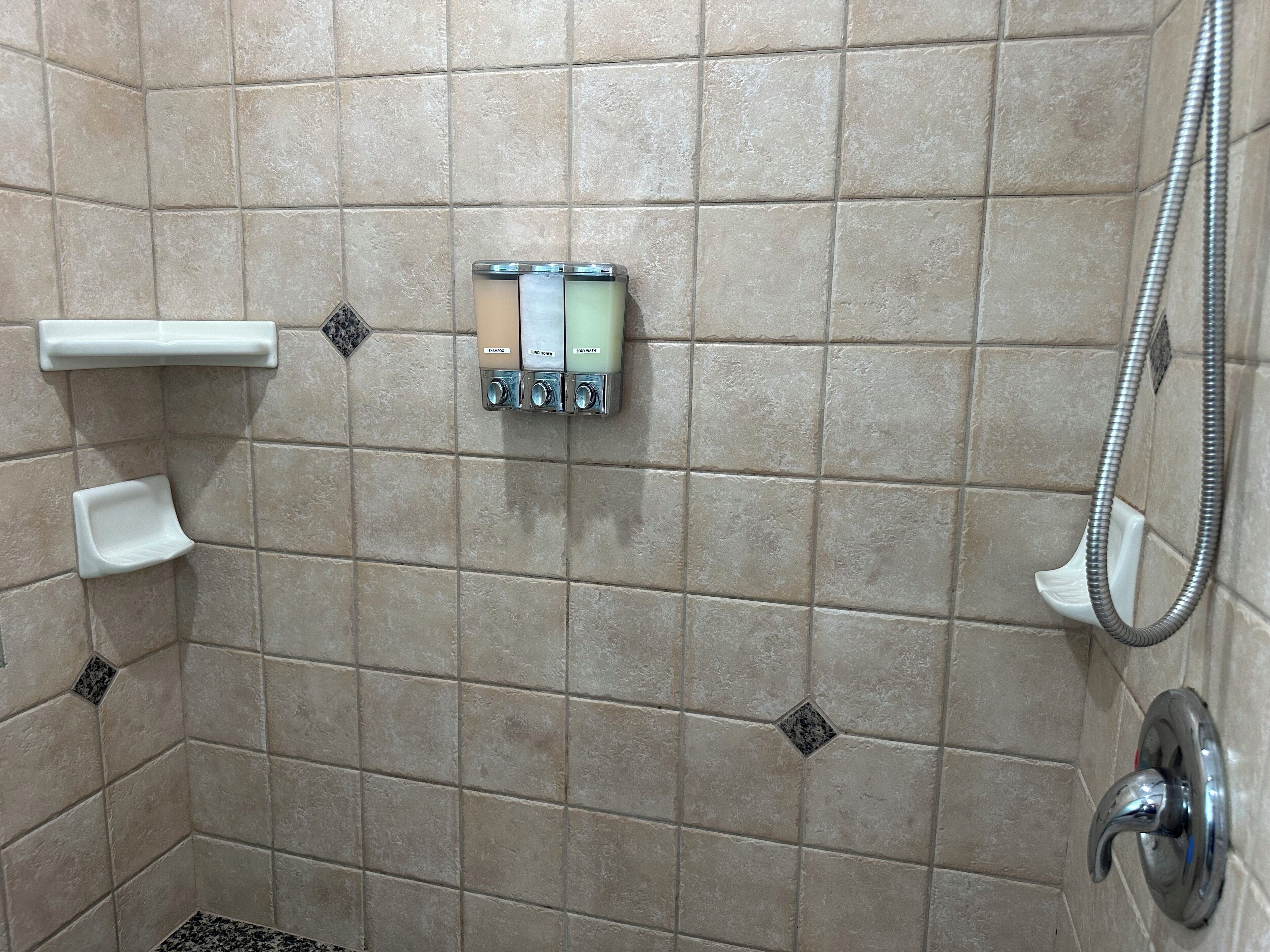 A tiled shower area with a handheld showerhead, a soap dispenser, and a soap dish.