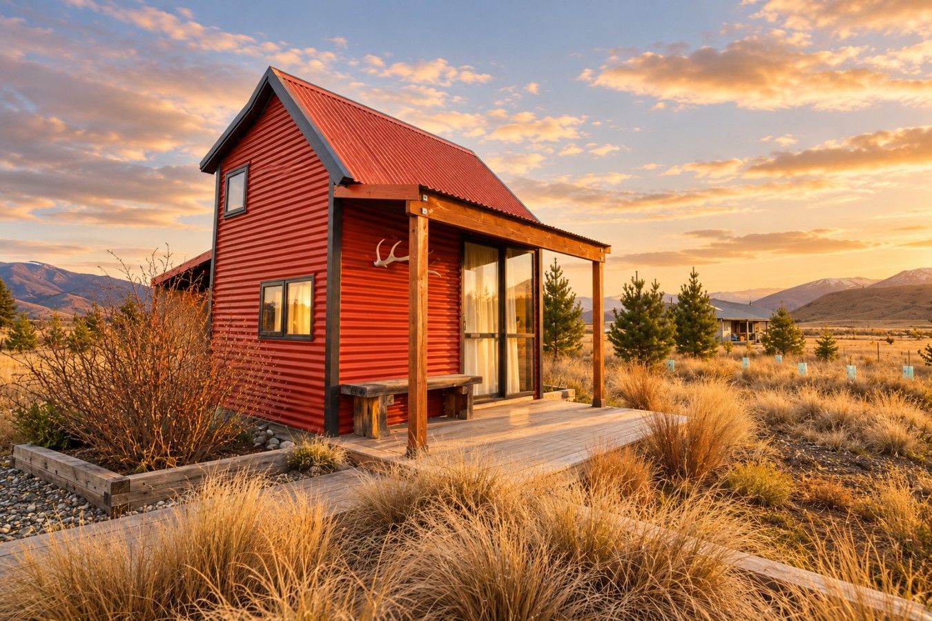 A red cabin with a porch, surrounded by dry grass and mountains in the background.