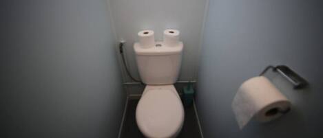 Ein kleines, schmales Badezimmer mit Toilette, zwei Toilettenpapierrollen und einem Papierhandtuchspender.
