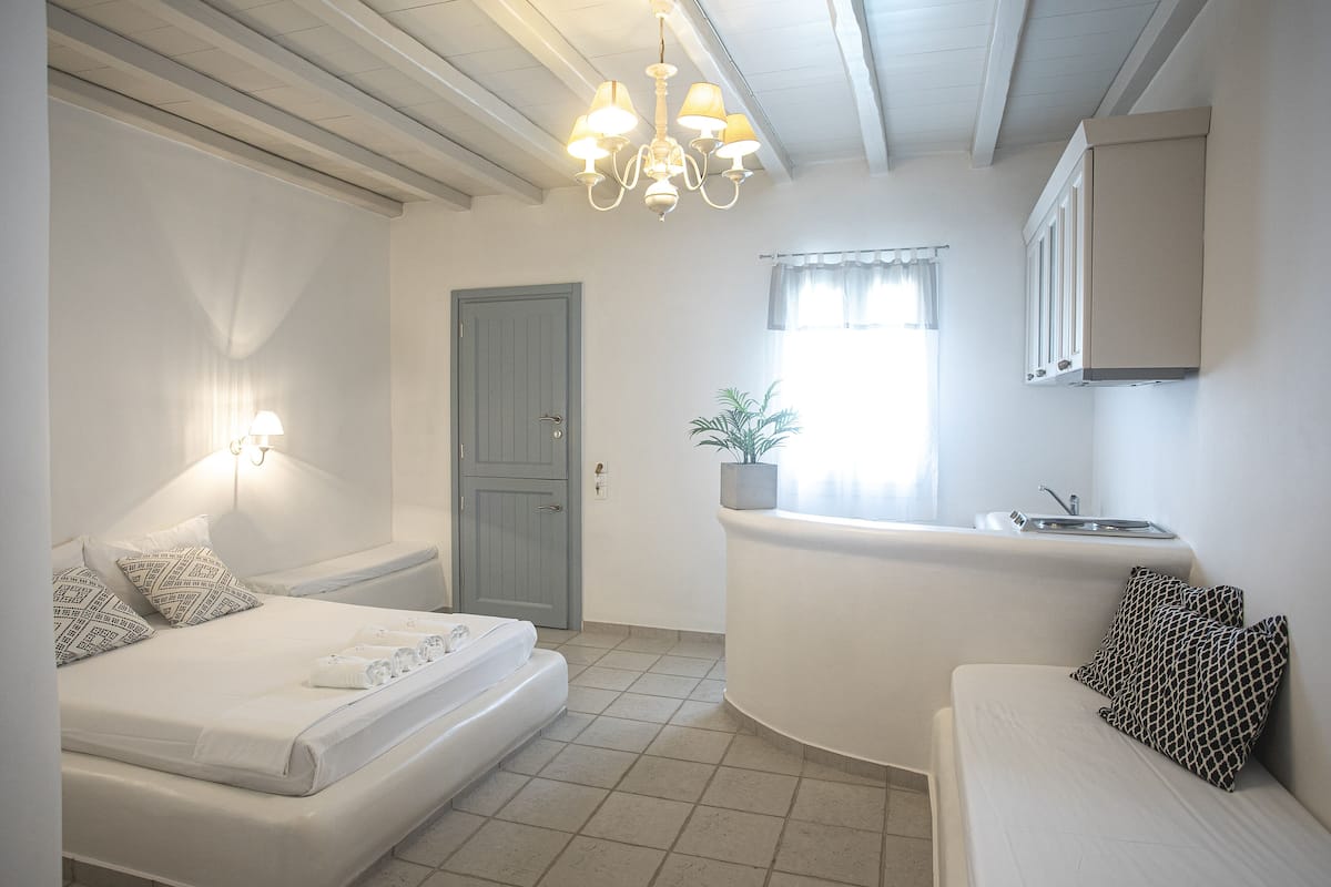 Quarto com cama, um pequeno sofá, janela com cortinas, um vaso de planta e uma área de kitchenette.