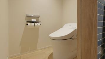 A modern bathroom with a toilet, a toilet paper holder, and a wooden floor.