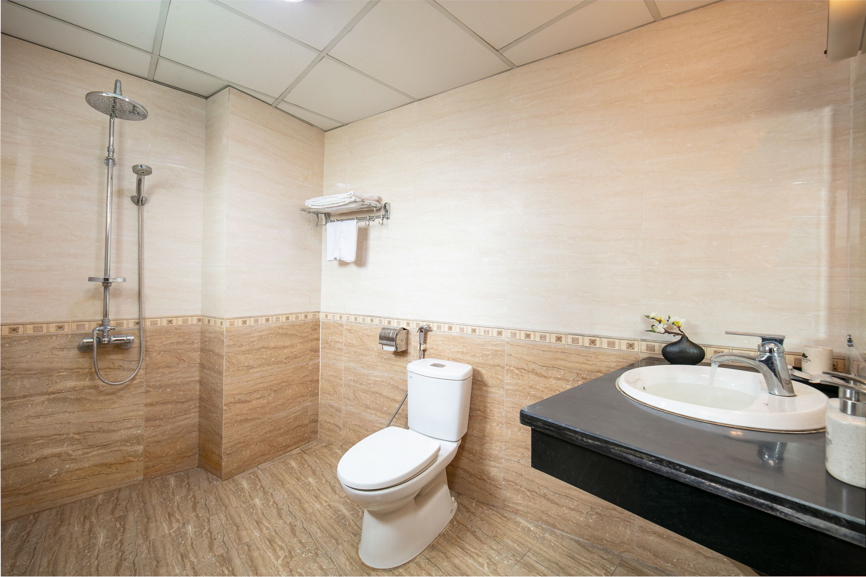 Combined shower/tub, hair dryer, slippers, bidet