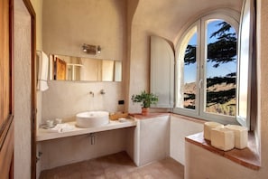 A bathroom with a large mirror, a sink, a potted plant, and a window with a view of the outdoors.