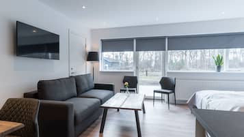 Comfort-íbúð - jarðhæð | Stofa | 32-tommu sjónvarp með stafrænum rásum