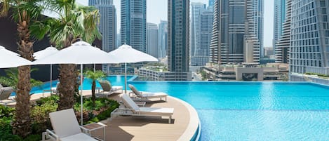 Outdoor pool, pool umbrellas, pool loungers