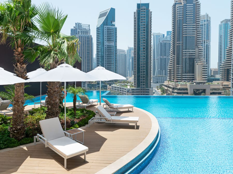 Outdoor pool, pool umbrellas, pool loungers