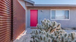 A modern building with a red door, a window, and a cactus in the foreground.