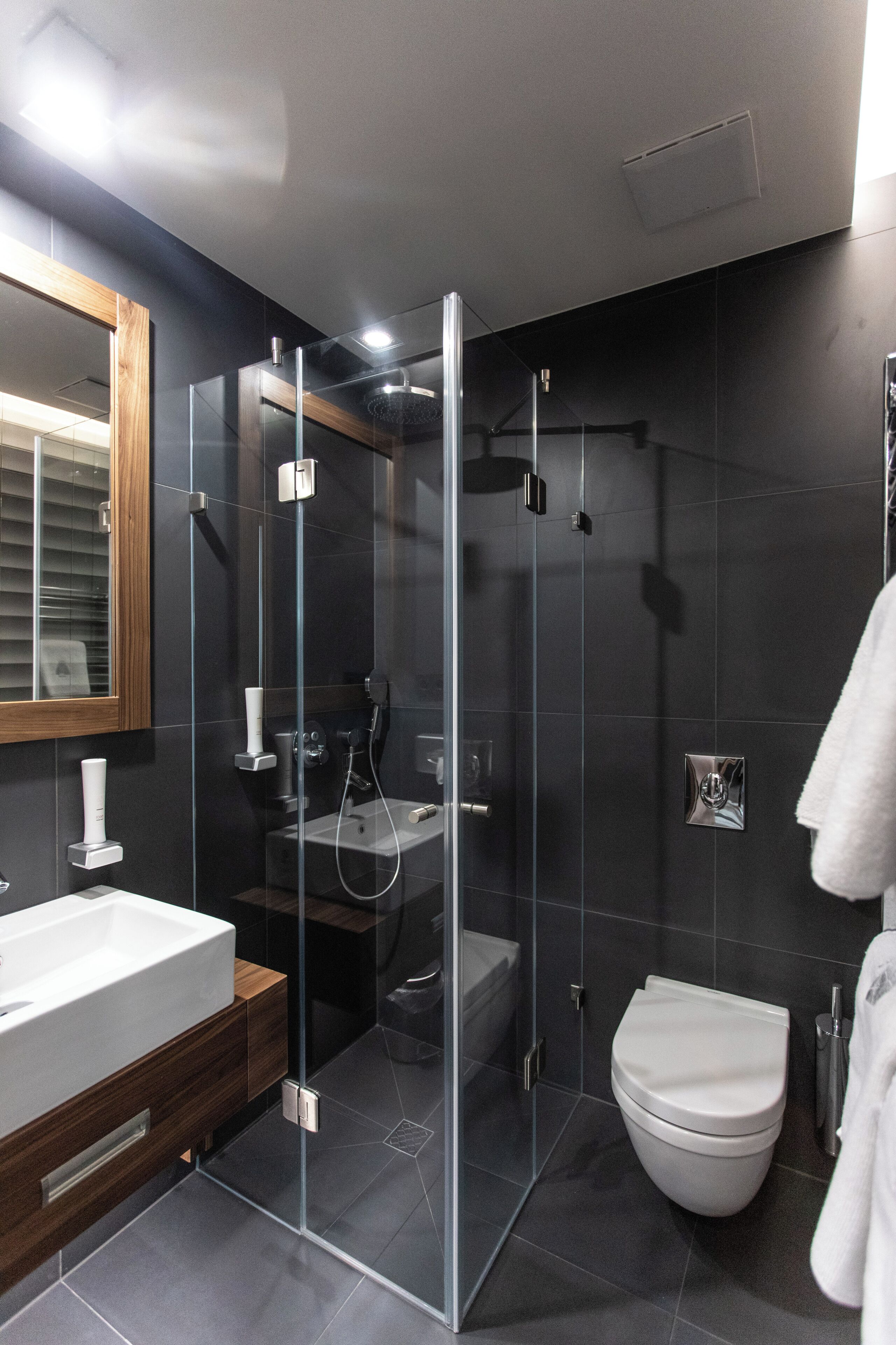 A modern bathroom with a glass-enclosed shower, a white sink, and a toilet.