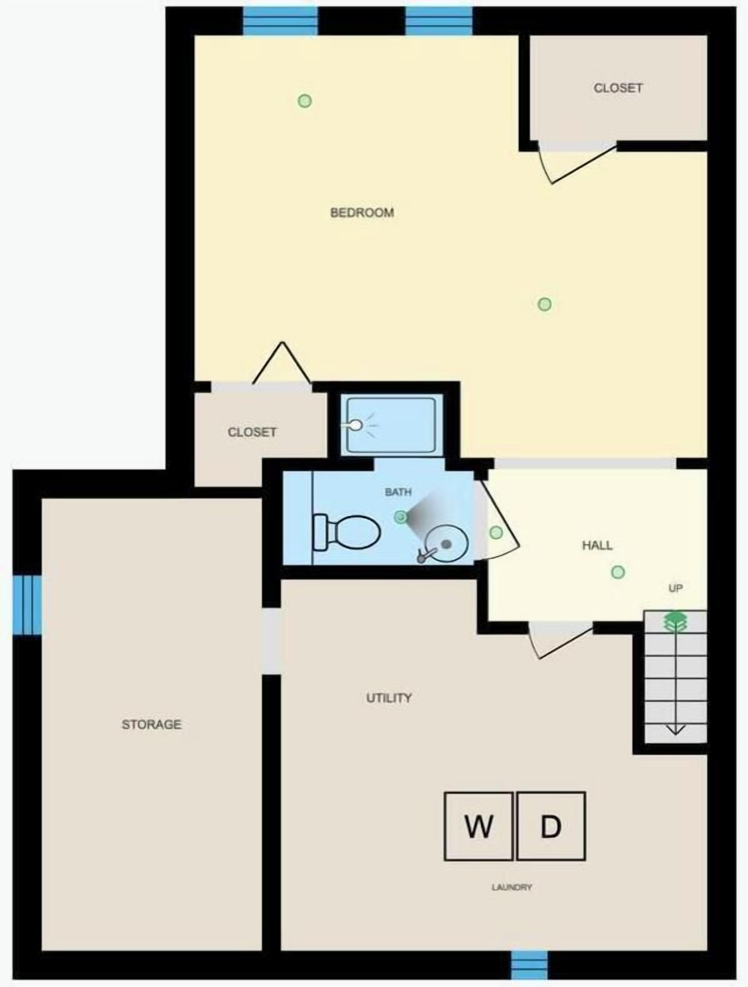 A floor plan with a bedroom, closet, bathroom, utility room, storage, and laundry area.