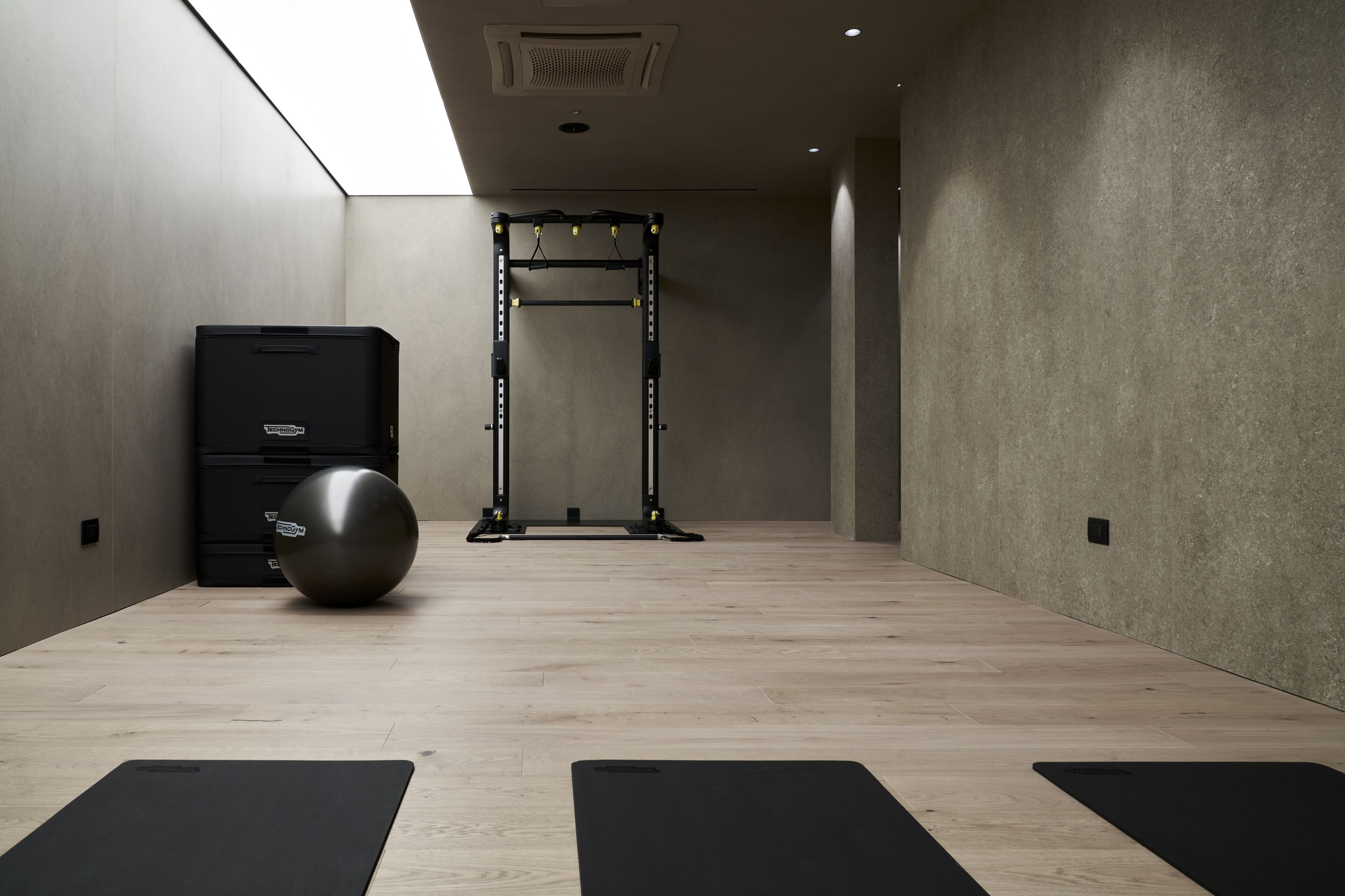 Ein Fitnessstudio mit einer Klimmzugstange, einem Ergometer und einer Yogamatte.