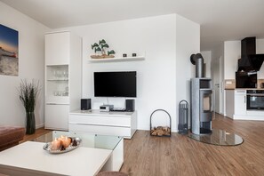 Televisión de pantalla plana, chimenea, reproductor de DVD