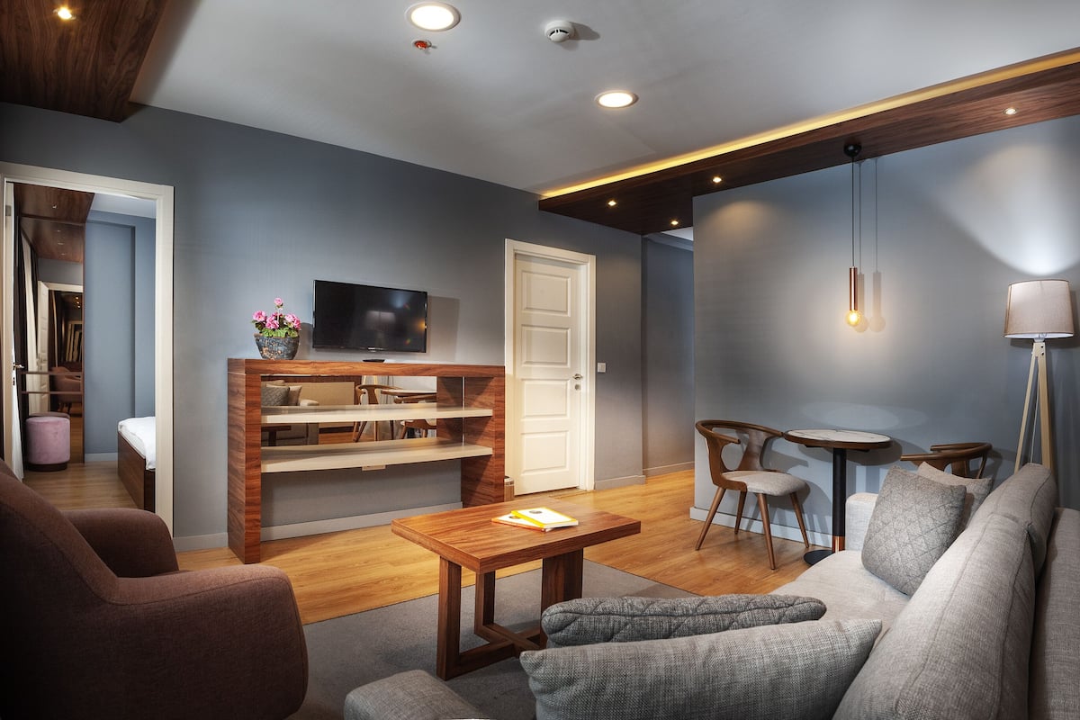A modern living room with a sofa, armchairs, a wooden coffee table, a TV, and a dining area with a table and chairs.