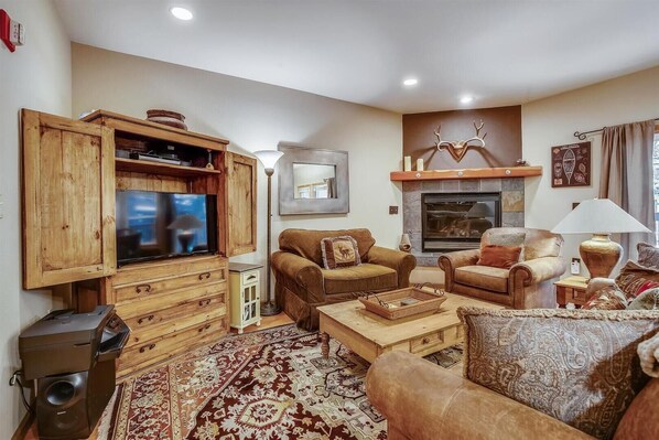Smart TV, fireplace, DVD player, books