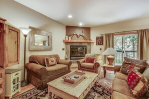 Smart TV, fireplace, DVD player, books