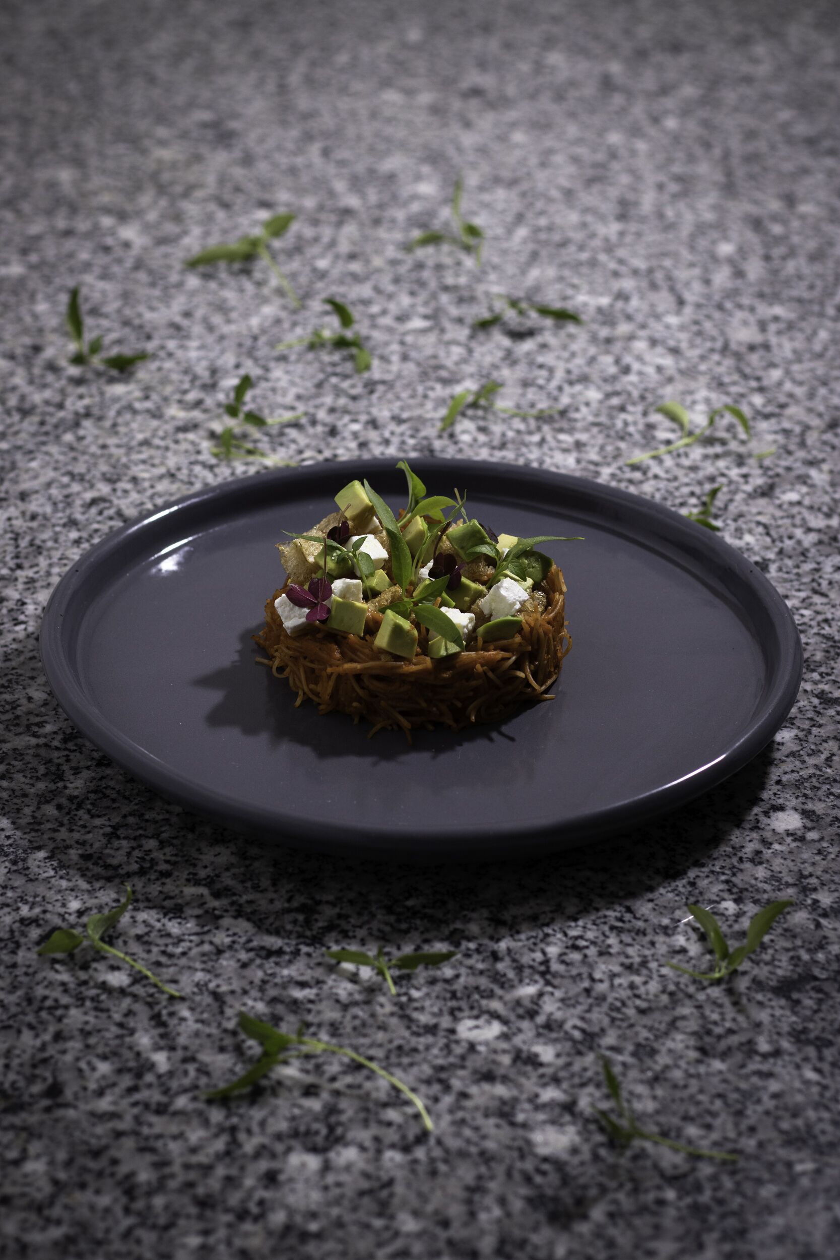 Um prato escuro com uma estrutura semelhante a um ninho, contendo alimentos e vegetação.