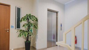 A hallway with a wooden door, a potted plant, an elevator, and a fire extinguisher. - Reddoorz Plus Near Soekarno Hatta Airport Taman Mahkota (Tangerang)