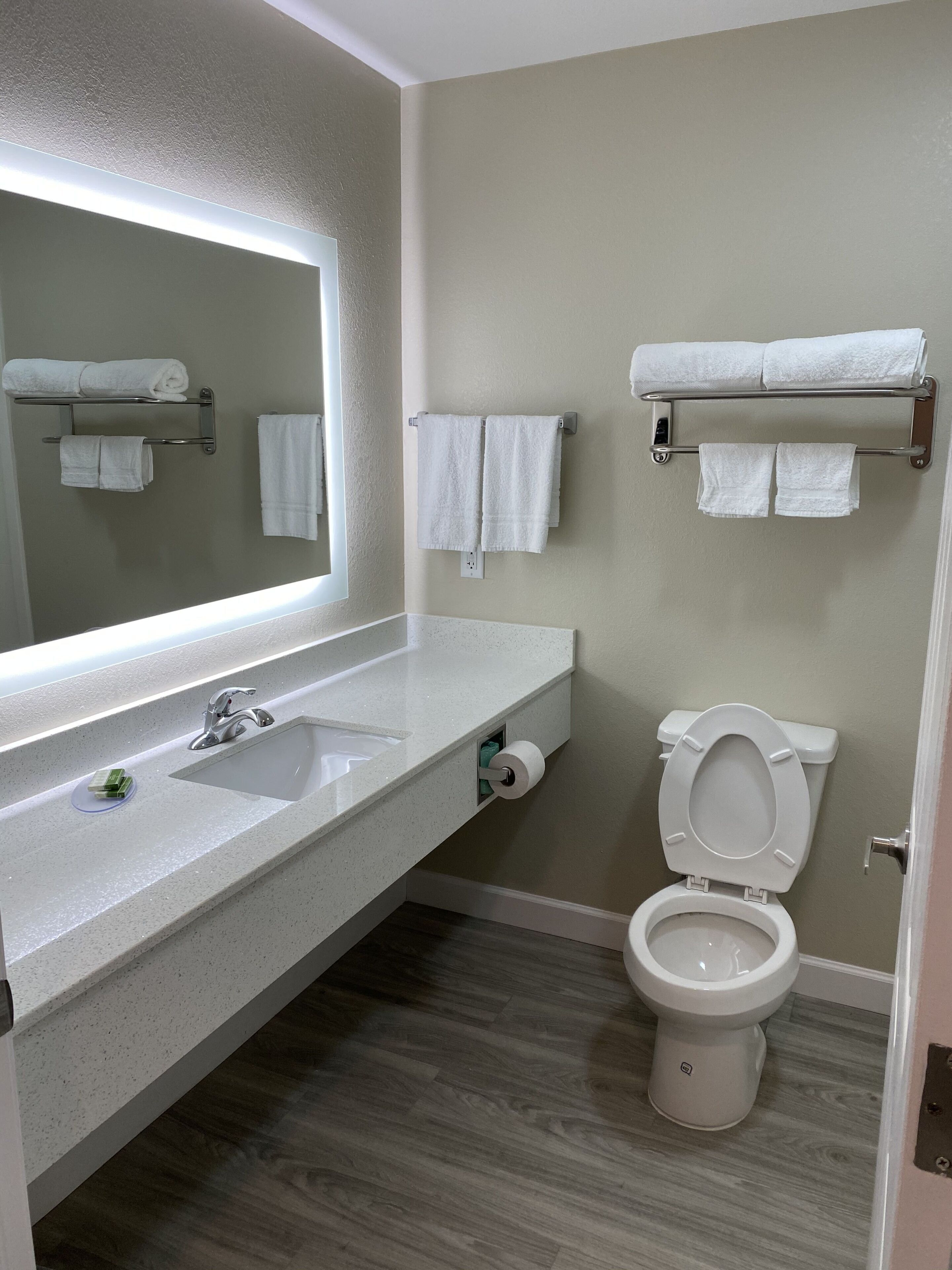 combined shower/bathtub, free toiletries, hair dryer, towels