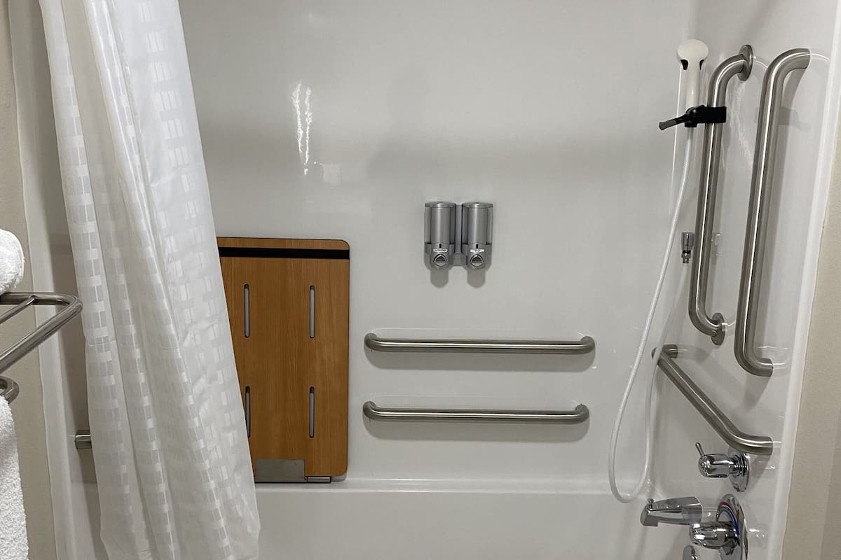 combined shower/bathtub, free toiletries, hair dryer, towels