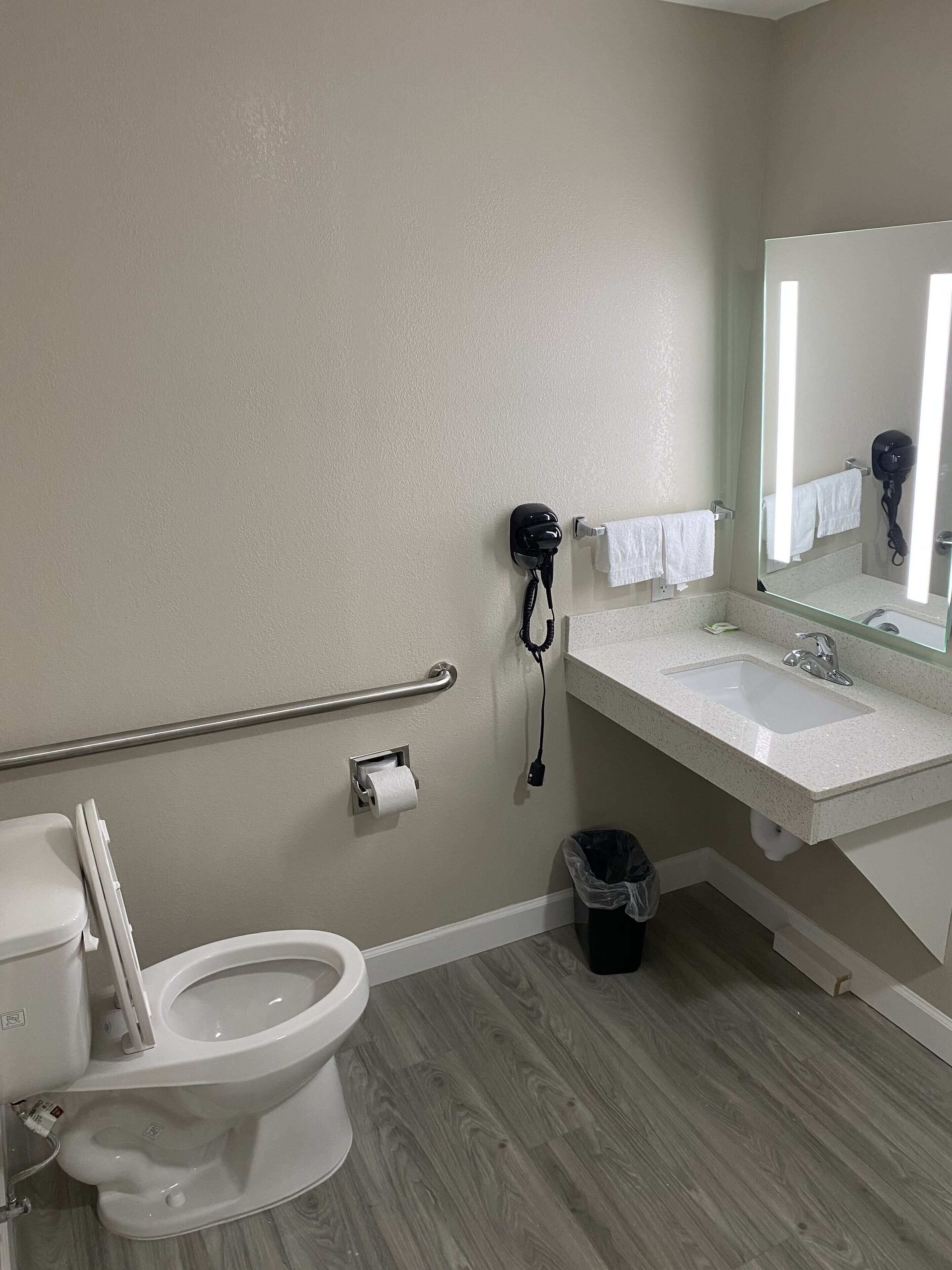 combined shower/bathtub, free toiletries, hair dryer, towels