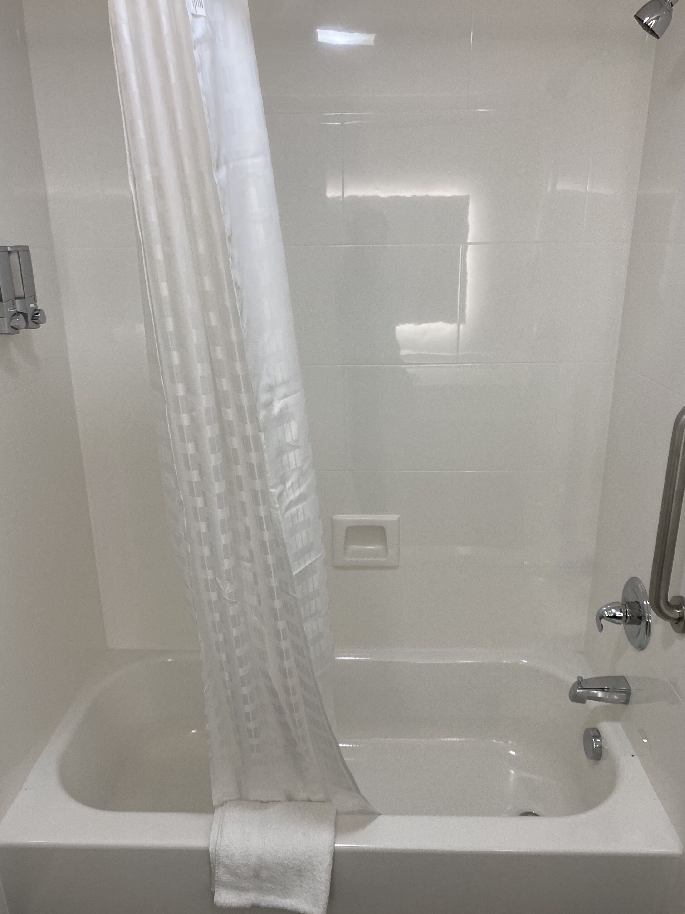 combined shower/bathtub, free toiletries, hair dryer, towels