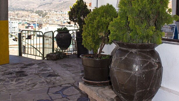 Un balcón con plantas en macetas, un banco de piedra y vistas a un paisaje urbano y montañas.