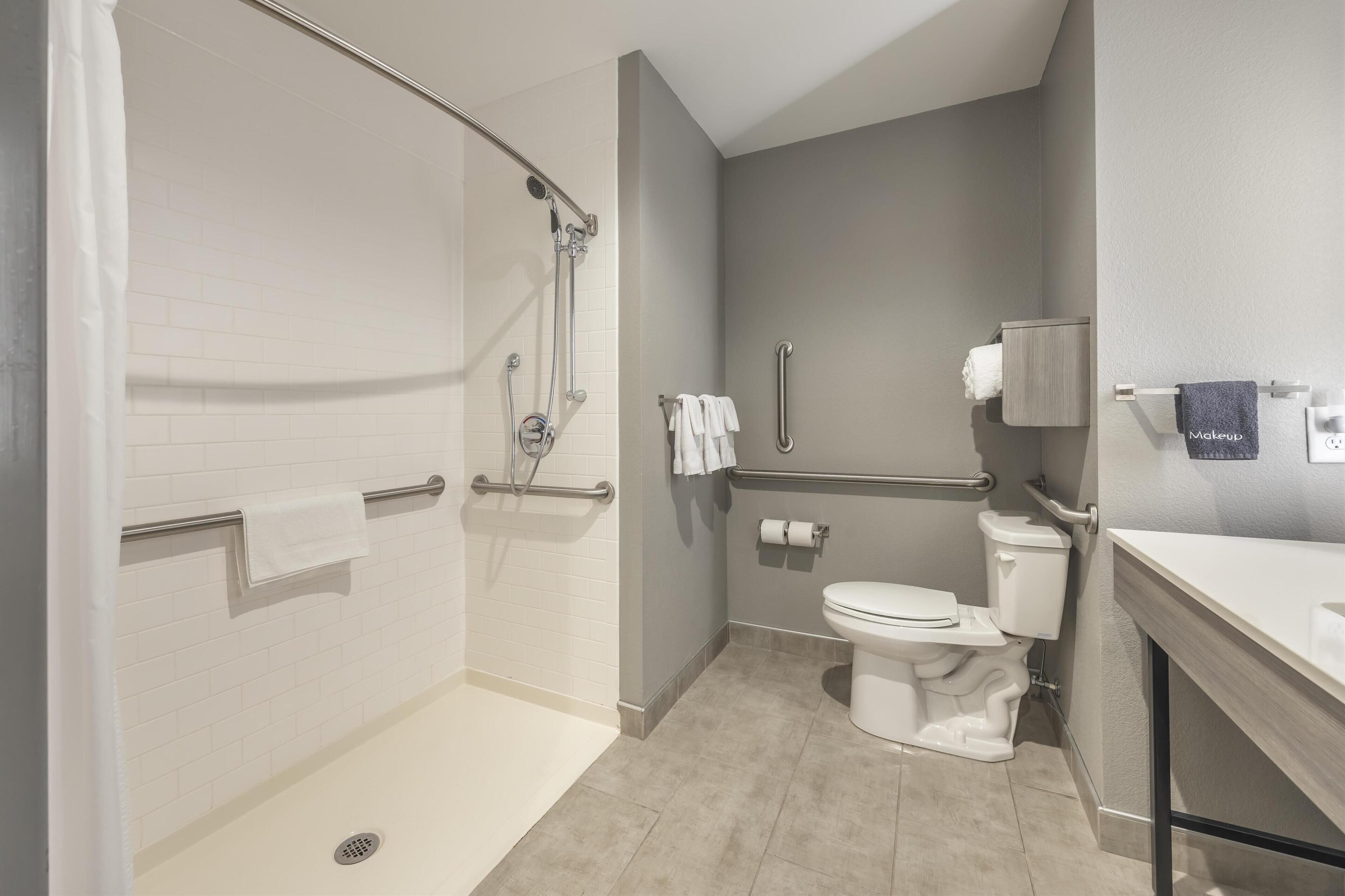 Une salle de bain moderne dotée d’une douche à l’italienne, de barres d’appui, de toilettes et d’un lavabo.