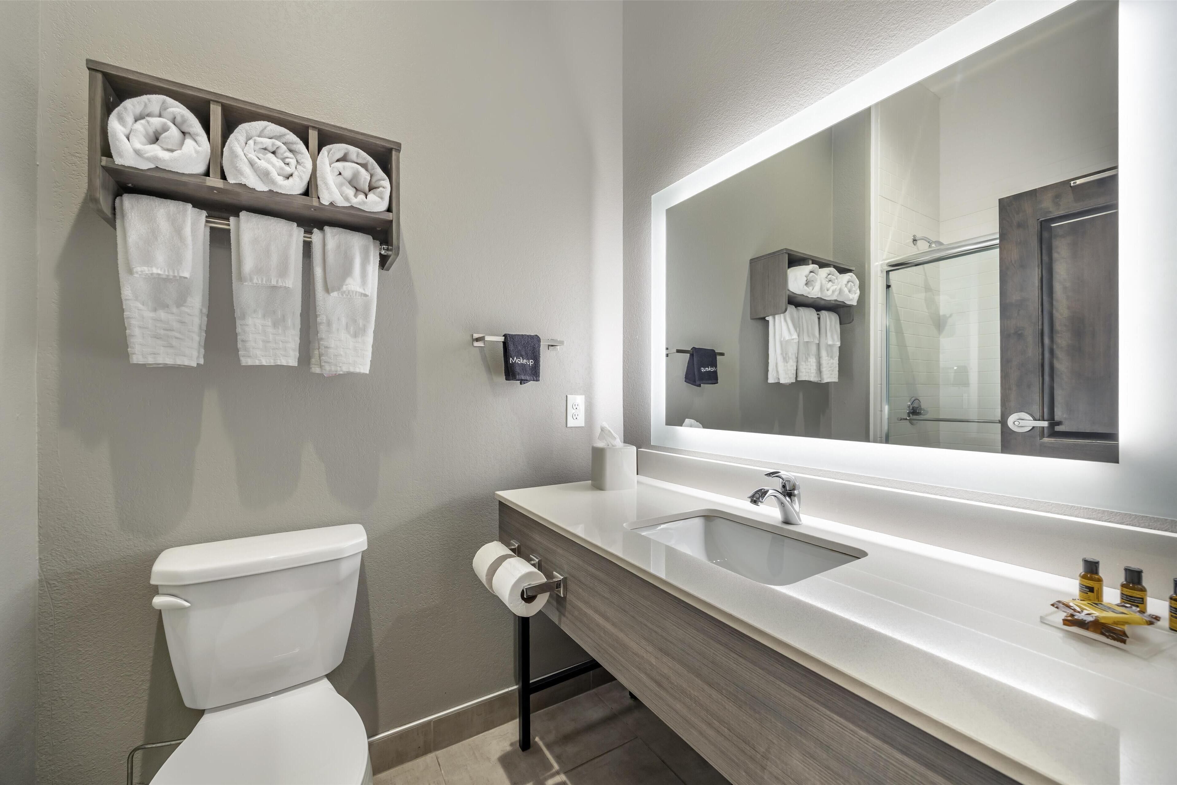 Een moderne badkamer met een toilet, een grote spiegel, een wastafel en een handdoekrek met netjes opgevouwen handdoeken.
