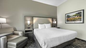 A hotel room with a bed, a sofa, a nightstand, and a wall-mounted picture.