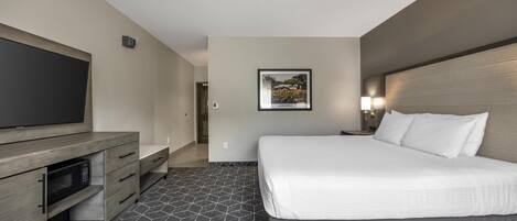 A modern hotel room with a large bed, a flat-screen TV, a microwave, and a picture on the wall.